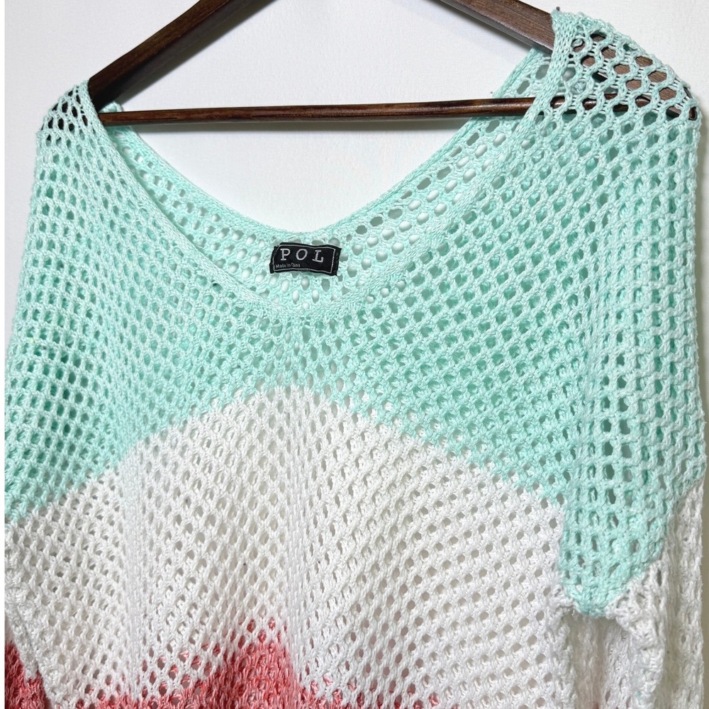 POL Women Mint Green Coral White Colorblock Open Knit V-Neck Sweater SZ 713